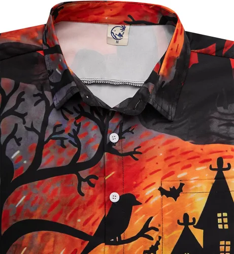 Vista 3 de Camisa de Halloween para Hombre de Hardaddy, de Manga Corta, con Botón, con Estampado Gracioso, Camisa Casual Black6