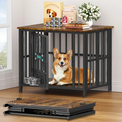 Vista 15 de Easycom 104 cm mueble de jaula para perros plegable, sin ensamblaje perrera decorativa para interior, jaulas para perros grandes (15.9-27.2 kg)