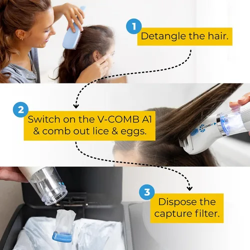 Vista 6 de Peine eléctrico recargable A1 para eliminar piojos sin químicos, paquete de filtros de recambio, solución natural para piojos para niños y adultos