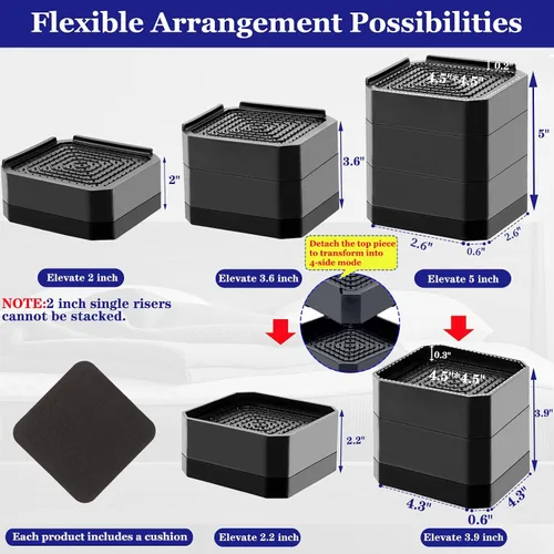 Vista 2 de Elevadores de cama de base ancha, elevadores apilables para muebles, 2, 3.6, 5 pulgadas, elevadores de sofá resistentes para sillas y escritorios