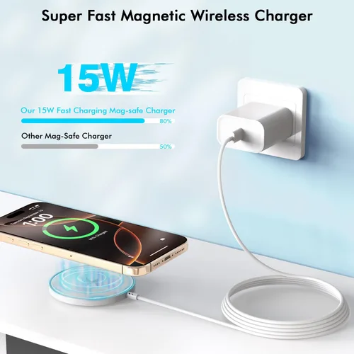 Vista 4 de Cargador inalámbrico magnético para iPhone, carga rápida de 3 pies Apple Mag, almohadilla de carga inalámbrica para iPhone Air/17 Pro Max/16 Pro/16