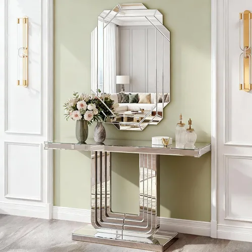 Vista 13 de Mesa consola con espejo de 55 pulgadas, mesa larga para sofá de sala de estar, oficina, detalles de cristal de diseño hexagonal, moderno escritorio