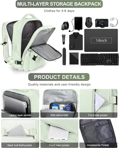 Vista 5 de VGCUB Mochila grande de viaje para trabajo, negocios, mochila para computadora portátil aprobada para vuelo, para mujeres y hombres, mochila