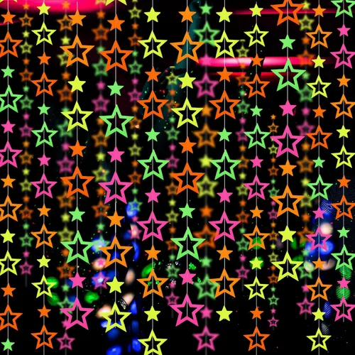 Vista 9 de Guirnalda de Papel Neón de 110 pies, Serpentinas Neón, Estrella Perforada, Decoraciones Neón de Luz Negra que Brillan para Fiestas, Reactivas a UV