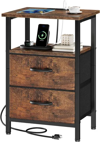 Vista 21 de Vagusicc Nightstand with Charging Station, End Table Bedside Table with 2 Fabric Drawers, Black Night Stand with USB Ports & Outlets, 24.2" Tall Bed