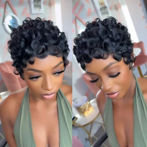 Vista 10 de YOUKNOWIG Peluca corta de corte Pixie en capas, pelucas de cabello humano sin pegamento con corte Pixie para mujeres negras, hechas a máquina, sin