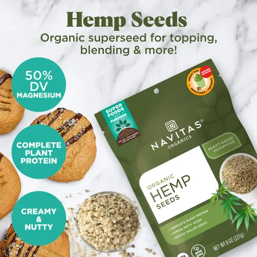 Vista 3 de Navitas Organics Bolsa de semillas de cáñamo crudas orgánicas, 15 porciones, orgánica, sin OMG, cáscara de baja temperatura, sin gluten, 8 onzas