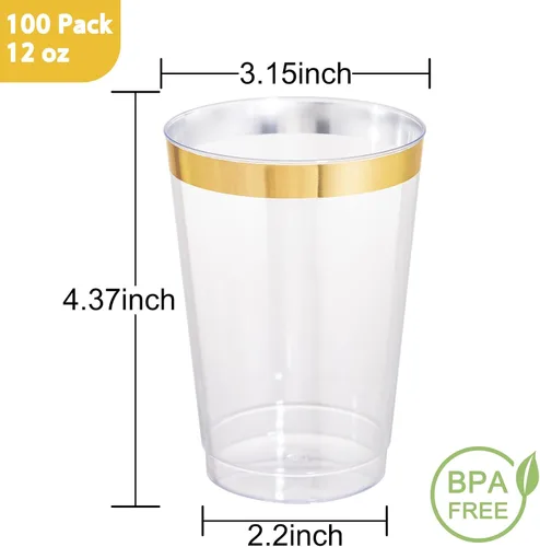 Vista 5 de I00000 Paquete de 100 unidades de vasos de plástico dorado de 12 onzas, vasos desechables con borde dorado, vasos de vino desechables y copas