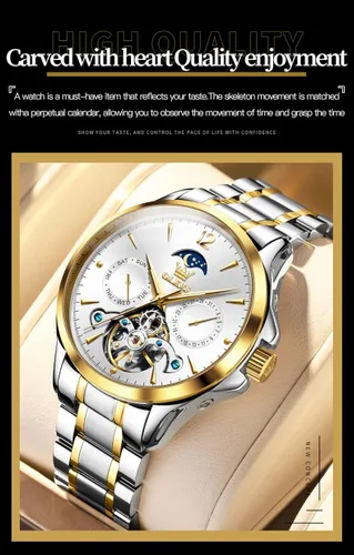 Vista 4 de OLEVS Watches Mens Automatic Self Winding Mechanical Gold Skeleton Fashion Luxury Dress Moon Phase Stainless Steel Tourbillon Mens Wrist Watch Day