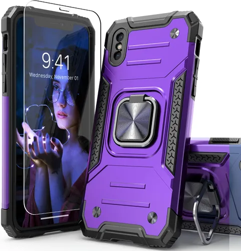 Vista 16 de Funda protectora ligera para iPhone Xs con protector de pantalla, absorción de golpes, resistente a prueba de caídas con soporte para automóvil