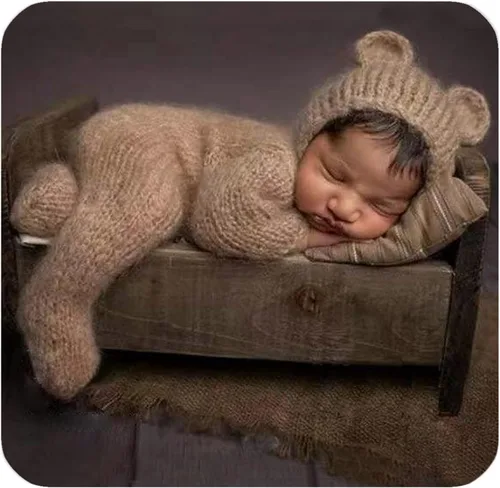 Vista 11 de 2 piezas de accesorios de fotografía para recién nacidos, trajes de fotos para niños, sesiones de fotos de bebé, disfraz de niña con sombrero de oso