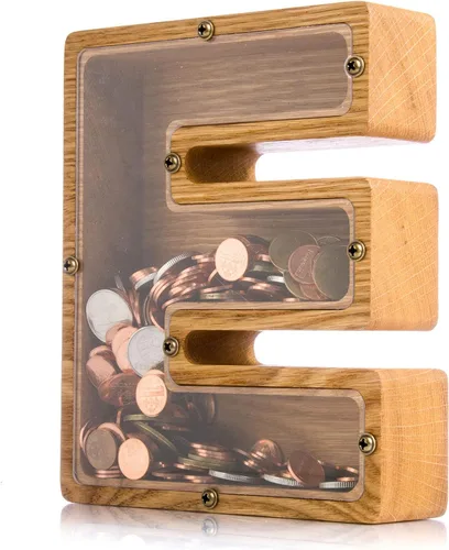 Vista 6 de Alcancía de madera personalizada con letra para niños, niñas y adultos, bancos de monedas de madera de roble duradero, 3 tamaños para elegir