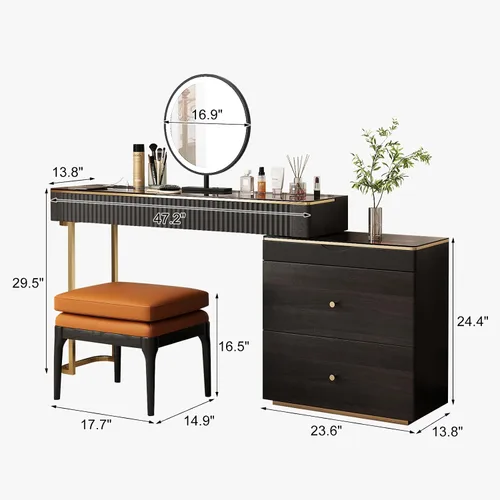 Vista 9 de Lartis Tocador de maquillaje con taburete, muy fácil de montar, combinación de gabinete de TV retráctil, tocador en uno, súper almacenamiento