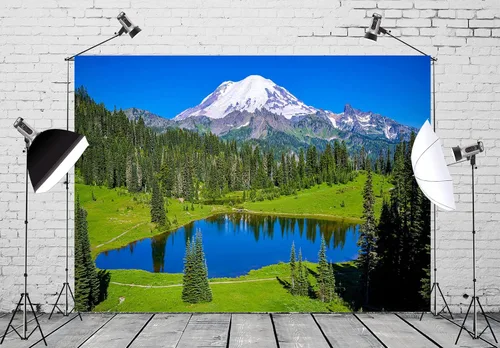 Vista 2 de BELECO Telón de fondo de fotografía de bosque de montaña de 5 x 3 pies, lago azul, pinos, bosque, nieve, montañas, naturaleza, paisaje, senderismo