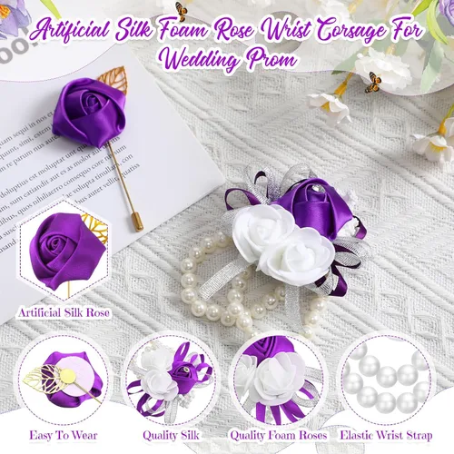 Vista 3 de Tigeen Juego de 24 ramilletes de muñeca y boutonniere para hombre, ramillete de muñeca de boda, flor de mano para madre de novia, novia, decoración