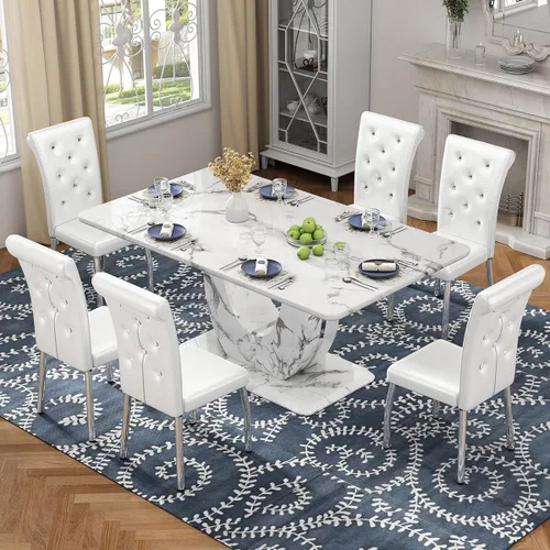 Vista 10 de Moderno juego de mesa de comedor de mármol sintético para 4, mesa de cocina rectangular blanca de 63 pulgadas con elegante base de pedestal
