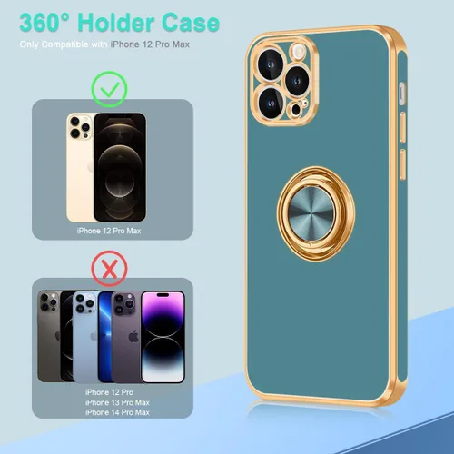 Vista 7 de Fingic Funda para iPhone 12 Pro Max [con soporte de anillo de 360°] [soporte magnético para tarjeta] [soporte de anillo giratorio] [borde dorado]
