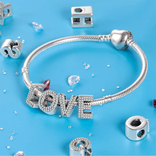 Vista 3 de TINSLO Dijes con iniciales del alfabeto, letras completas de la A a la Z, plata de ley 925, circonitas cúbicas, colgantes para pulseras europeas