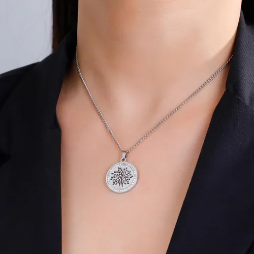 Vista 4 de kkjoy Collar de acero inoxidable con colgante de árbol de la vida, joyería inspirada en la naturaleza, regalos espirituales para mujeres y hombres