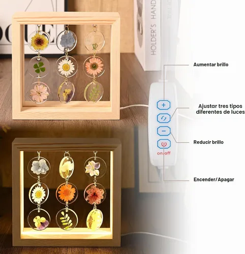 Vista 5 de SMUK Lámpara de mesa LED de flores secas, hecha a mano, estética, de 3 vías, regulable, decorativa, con marco de madera, para dormitorio, sala