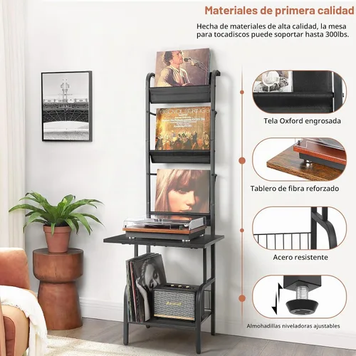 Vista 5 de Soporte para tocadiscos con almacenamiento de vinilos para hasta 200 álbumes, soporte para tocadiscos con estante de exhibición para discos Negro