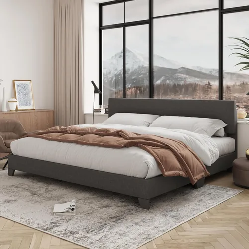 Vista 16 de Allewie Base de cama tamaño matrimonial con cabecera ajustable, cama tapizada con plataforma y listones de madera, base de colchón resistente,