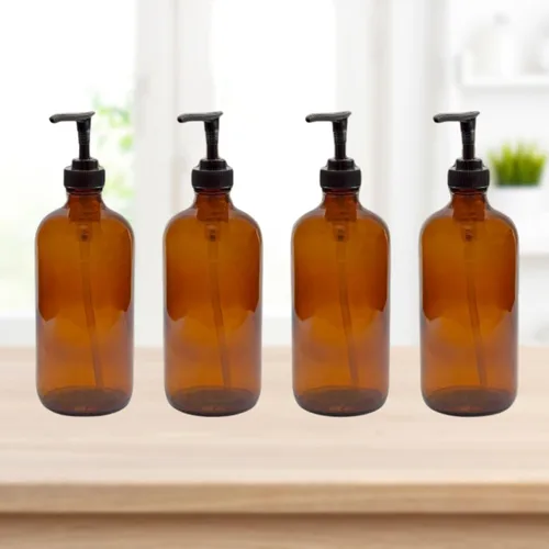 Vista 2 de Cornucopia Brands Botellas de bomba de vidrio de 8 onzas (paquete de 4, marrón ámbar) dispensadores de jabón con bombas de plástico negro