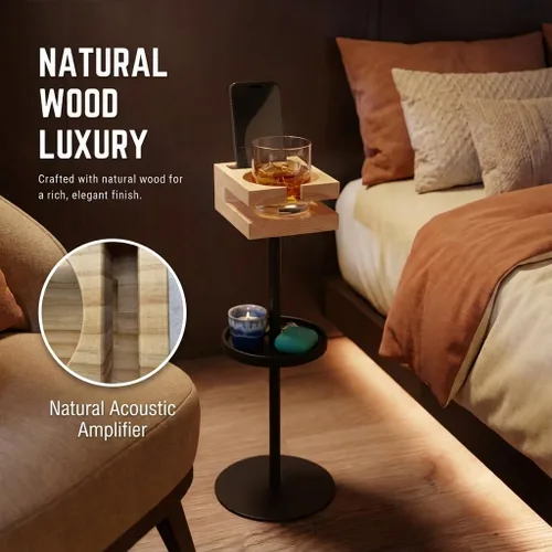 Vista 3 de Mesa de bebidas para espacios pequeños – Mesa auxiliar delgada de pedestal con parte superior de madera real y base estable para café y cócteles