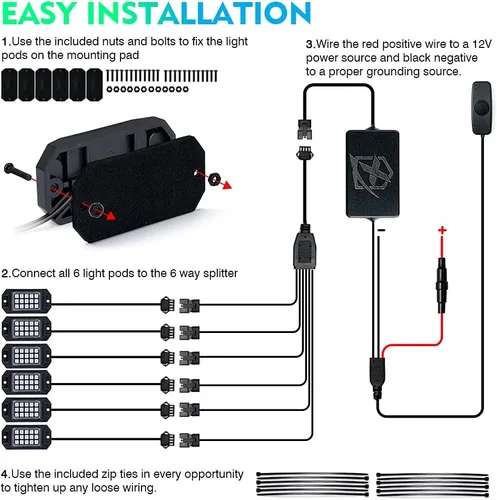 Vista 7 de Xprite - Kit de luces LED RGB bluetooth con controlador RF, luces neón multicolor intermitentes que sincronizan con la música para vehículos