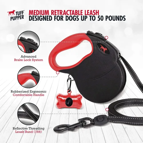 Vista 3 de Tuff Pupper Correa retráctil resistente para perro Correa para perro de 16 pies con costuras reflectantes para seguridad nocturna Bloqueo