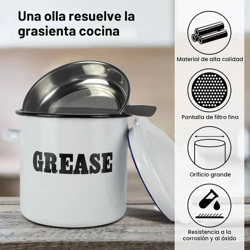 Vista 4 de Roadmap Recipiente de grasa de tocino esmaltado blanco de 1.5 L con colador, recipiente de grasa con patrón de letras, protector de grasa de tocino