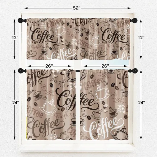 Vista 3 de Cortinas de Ventana de Cocina con Temática de Café, Juego de Cenefa y Niveles, Cortina Corta Marrón Estilo Granja con Bolsillo para Varilla