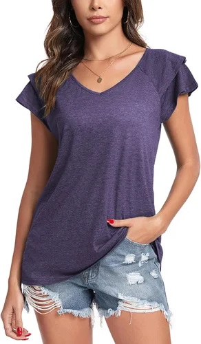Vista 4 de Poetsky Camisas de verano para mujer, estilo casual, cuello en V, manga corta, ajuste holgado