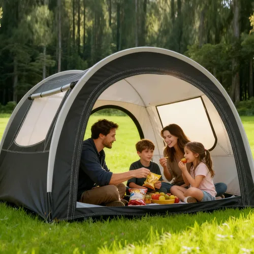 Vista 2 de Tienda de campaña para túnel y camping, 82 x 71 x 65 pulgadas, 2/3/4 personas, diseño de tres capas con malla / PVC / tela Oxford Glamping tienda