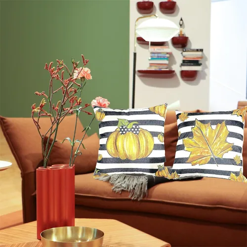 Vista 3 de Juego de 2 fundas de almohada de calabaza otoñal de 18 x 18 pulgadas, fundas de almohada decorativas de otoño a rayas de arce para sofá