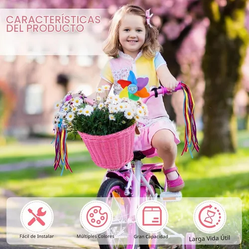 Vista 7 de Cesta de Bicicleta para Niños, Cesta de Bicicleta Desmontable para Niñas con Coloridas Serpentinas de Bicicleta, Campana de Bicicleta, Molinillo