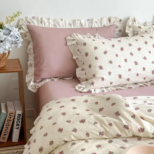 Vista 24 de MKXI Juego de ropa de cama con diseño de corbata de moño linda y rayas de flores rosas, tamaño individual, de algodón - Funda de edredón