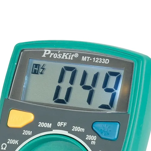 Vista 2 de Pro'sKit MT-1233D Mustimetro digital, 3 1/2 dígitos 1999 cuentas, DCV 500V, ACV 500V, DCA 10A, resistencia 200MΩ, salida de señal cuadrada 50Hz