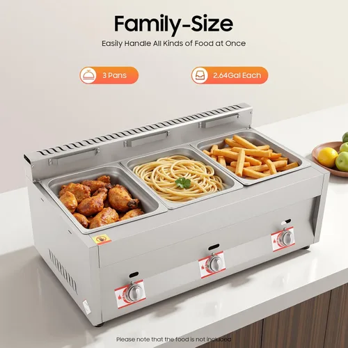 Vista 3 de Calentador de alimentos comercial de 3 bandejas, freidora de gas de 18 L, mesa de vapor de gas para exteriores, calentador de sopa de gas al aire