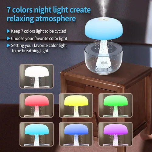 Vista 4 de Humidificador de lluvia nube de goteo, difusor de nube de lluvia, luz nocturna de lluvia y goteo, humidificador de hongos con goteo de agua, lámpara