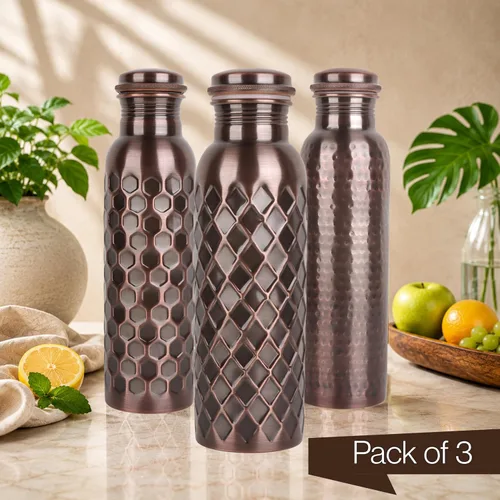 Vista 6 de Alpha Living Home Pure Copper Water Bottle Set of 3 - Handcrafted Drinking Bottles with Hammered, Diamond & Honeycomb Design - Leak Proof Wide Mouth