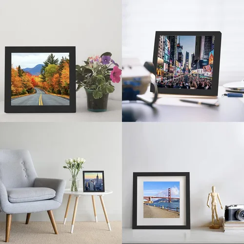 Vista 5 de Marco de fotos de madera de 9 x 9 pulgadas para colgar en la pared o sobre mesa, marcos cuadrados de fotos con 1 estera de exhibición de 17,78 x