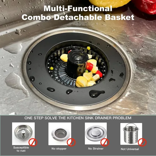 Vista 7 de Colador de drenaje para fregadero de cocina 3 en 1, tapón de fregadero desplegable de acero inoxidable 304, tapón de drenaje antiobstrucción, Negro