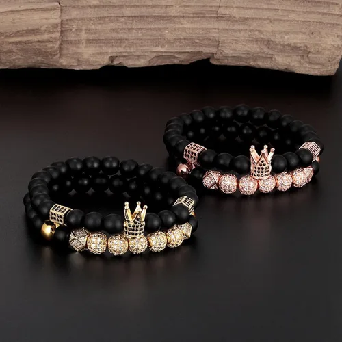 Vista 7 de YuziJewy 2 pulseras de cuentas de corona para hombres y mujeres, pulseras de cuentas de ágata negra de 0.315in, pulsera de piedra de ágata negra