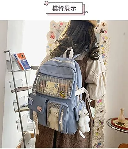 Vista 2 de Mochila Kawaii con bonito pin kawaii, linda mochila para niña, bonita mochila estética para la escuela, Azul, Mochilas Daypack