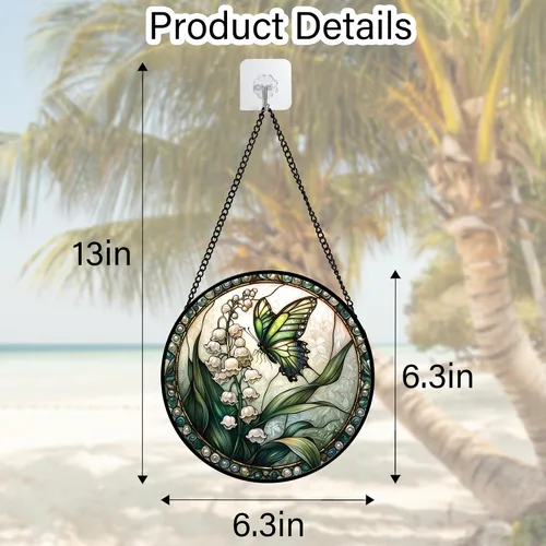 Vista 2 de DASTOLL Colgante de vidrio emplomado para ventana, diseño de lirio del valle, mariposa, atrapasol para puertas, hogar, atrapasoles decoración