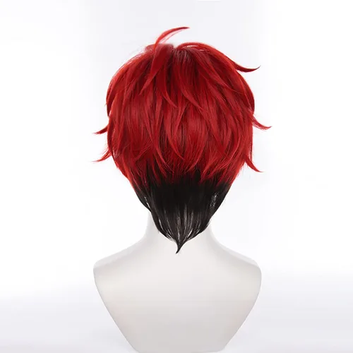 Vista 4 de XiongXiongLe Amagi Hiiro - Peluca de cosplay de anime, conjunto feliz, de estrellas, disfraz de hombre, corto, rizado, rojo vino, degradado, negro