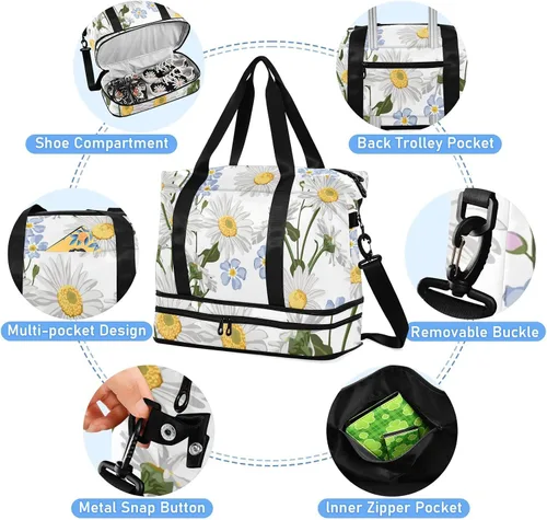 Vista 5 de Gym Bag Forget-me-not Flower Travel Duffel Bag - Sports Gym Bag with Dry Wet Pocket Cosmetic bag & Shoes Compartment for Women and Men
