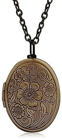 Vista 5 de Sdouefos Collar vintage con medallón abierto, diseño de flores ovaladas antiguas grabadas con dije de foto para mujeres y niñas