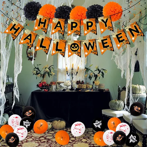 Vista 2 de Juego de 62 decoraciones de fiesta de Halloween, accesorios de cabina de fotos de Hallowmas, globos, pompones, espirales colgantes, remolinos